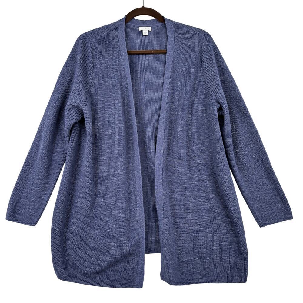 J. Jill Cardigan Sweater Size‎ XL Petite Blue Cotton Linen Open Front Stretch